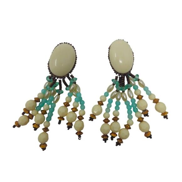 Handmade Elegant Vintage Cream & Teal Beaded Dangle Clip-On Earrings | 3.50" - Picture 5 of 6